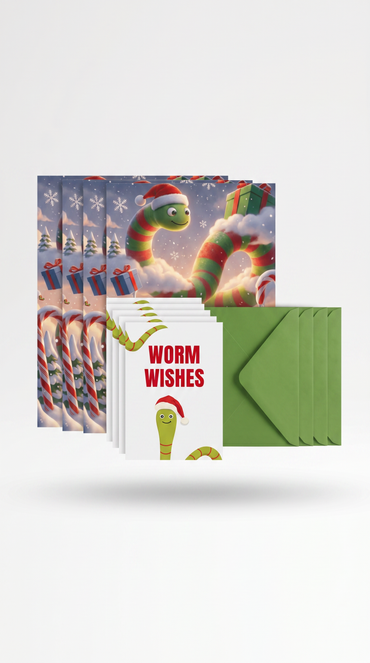 Liebevolles Geschenkpapier Weihnachten 5er Set Worm Wishes, Geschenkverpackung DIN A2, Weihnachtskarte inkl. Umschlägen