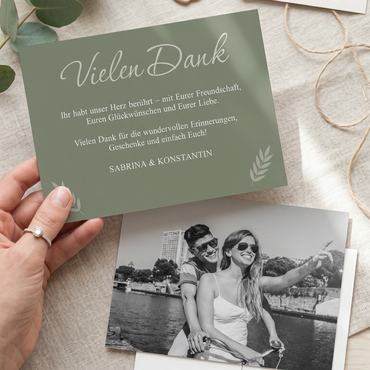 Danksagungskarten Hochzeit – Olive farbene Dankeskarte mit Urlaubsfoto & persönlicher Note - Individuelle Einladung