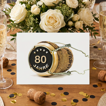 80 Geburtstag Karte – Lustige Geburtstagskarte DIN A6 Mit Champagnerkorken Design - Individuelle Einladung