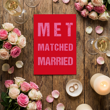 Hochzeitseinladung „MET MATCHED MARRIED“ | Minimalistisches 3-M-Design | Moderne Typografie-Karte