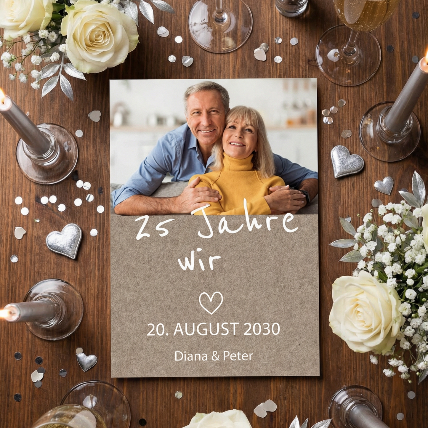 Einladung Silberne Hochzeit Rustikal – Klappkarte Hochformat mit Foto, naturfarben & Vintage Stil - Individuelle Einladung
