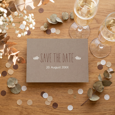 Save the Date Karten Hochzeit | Design mit Oliven Zweigen & brauner Schrift - Individuelle Einladung