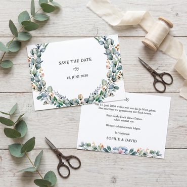 Save the Date Karten Hochzeit – Aquarell flower Design | Romantische Einladungskarten online