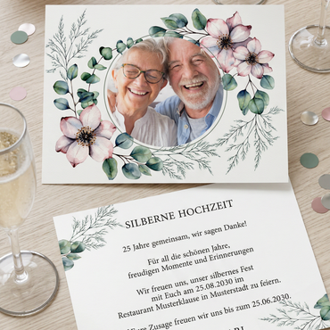 Einladung Silberne Hochzeit – Romantische Einladungskarte mit Blumendesign & Foto - Individuelle Einladung