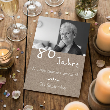 Rustikale Einladung zum 80. Geburtstag mit Foto - Individuelle Einladung