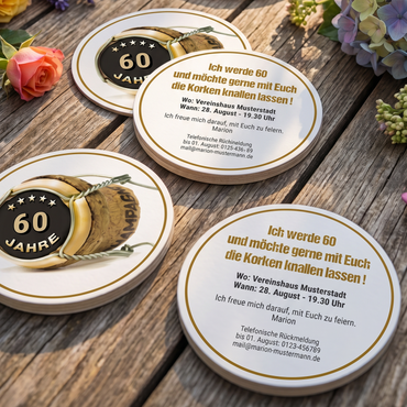 Bierdeckel Einladung zum 60. Geburtstag: Champagner Korken - Individuelle Einladung