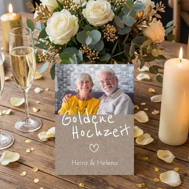 Einladung Goldene Hochzeit Rustikal – Klappkarte Hochformat mit Foto, naturfarben & Vintage Stil