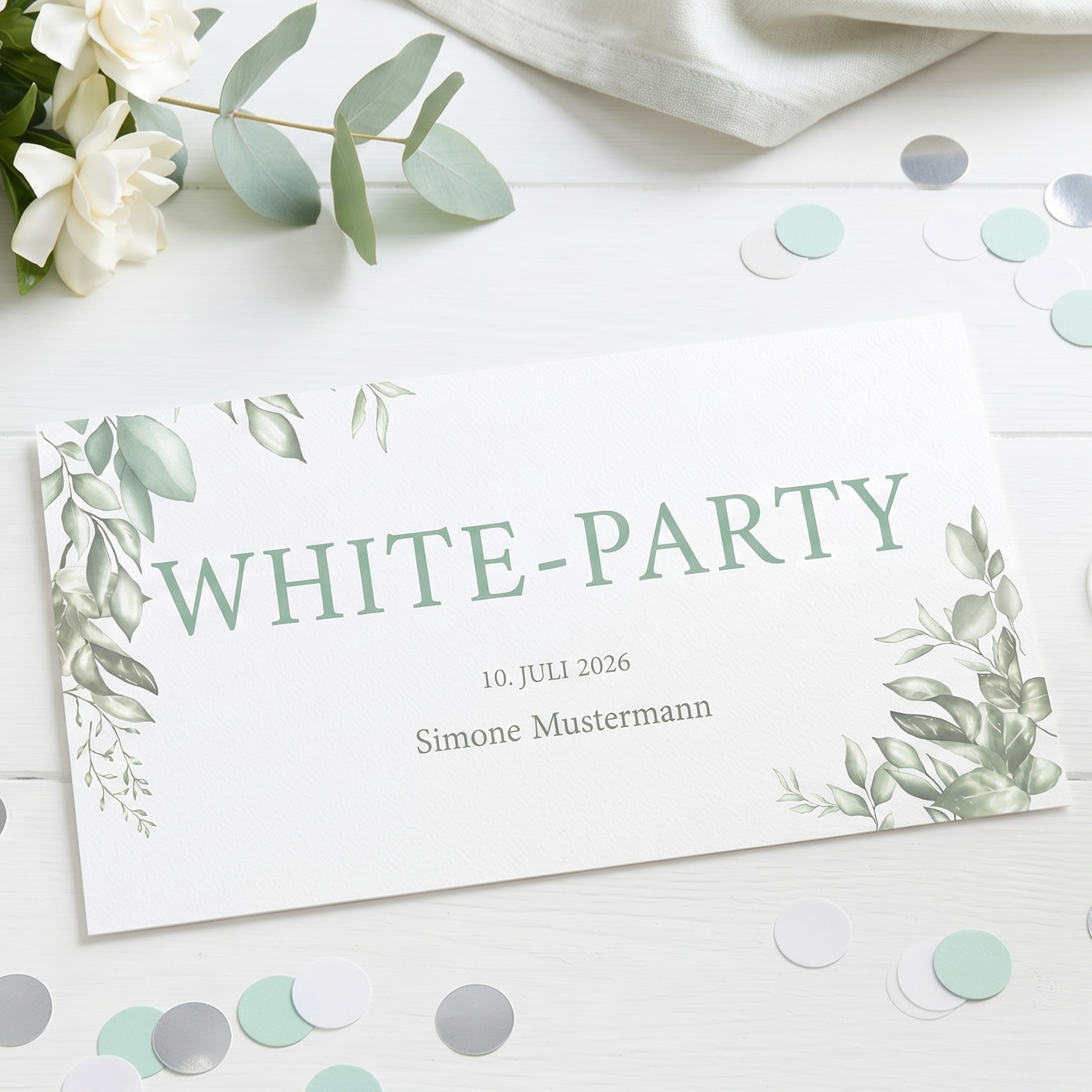 White Party Einladung – Elegante weiße Einladungskarten mit Glamour Flair - Individuelle Einladung