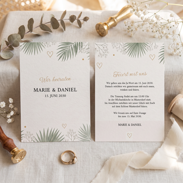 Einladung Hochzeit Botanical – Karte Eukalyptus, Palmwedel & Gold | Greenery Stil