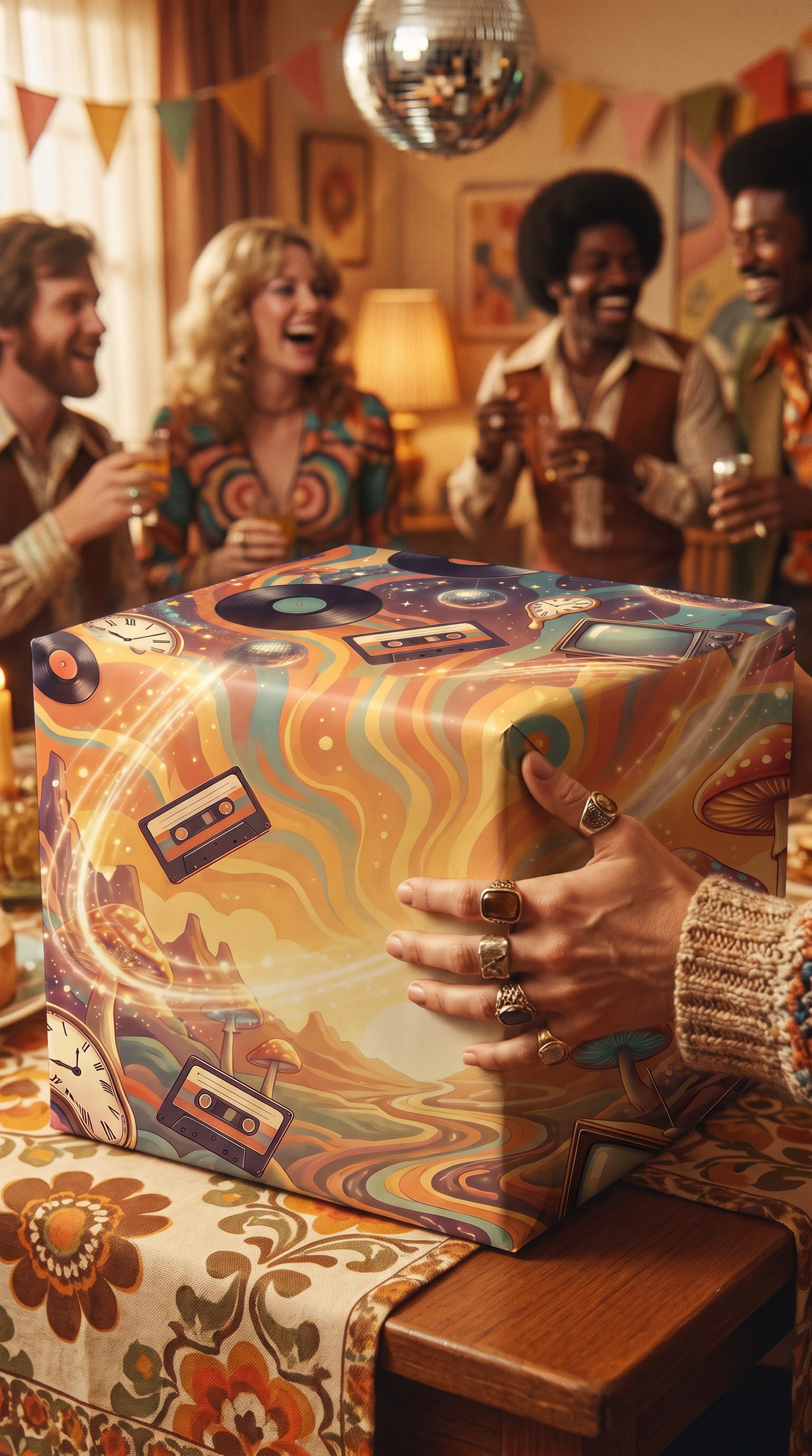 Geschenkpapier 70er Jahre Psychedelic Retro | Premium DIN A2 Bögen – Vinyl, Disco & Kassetten Motiv