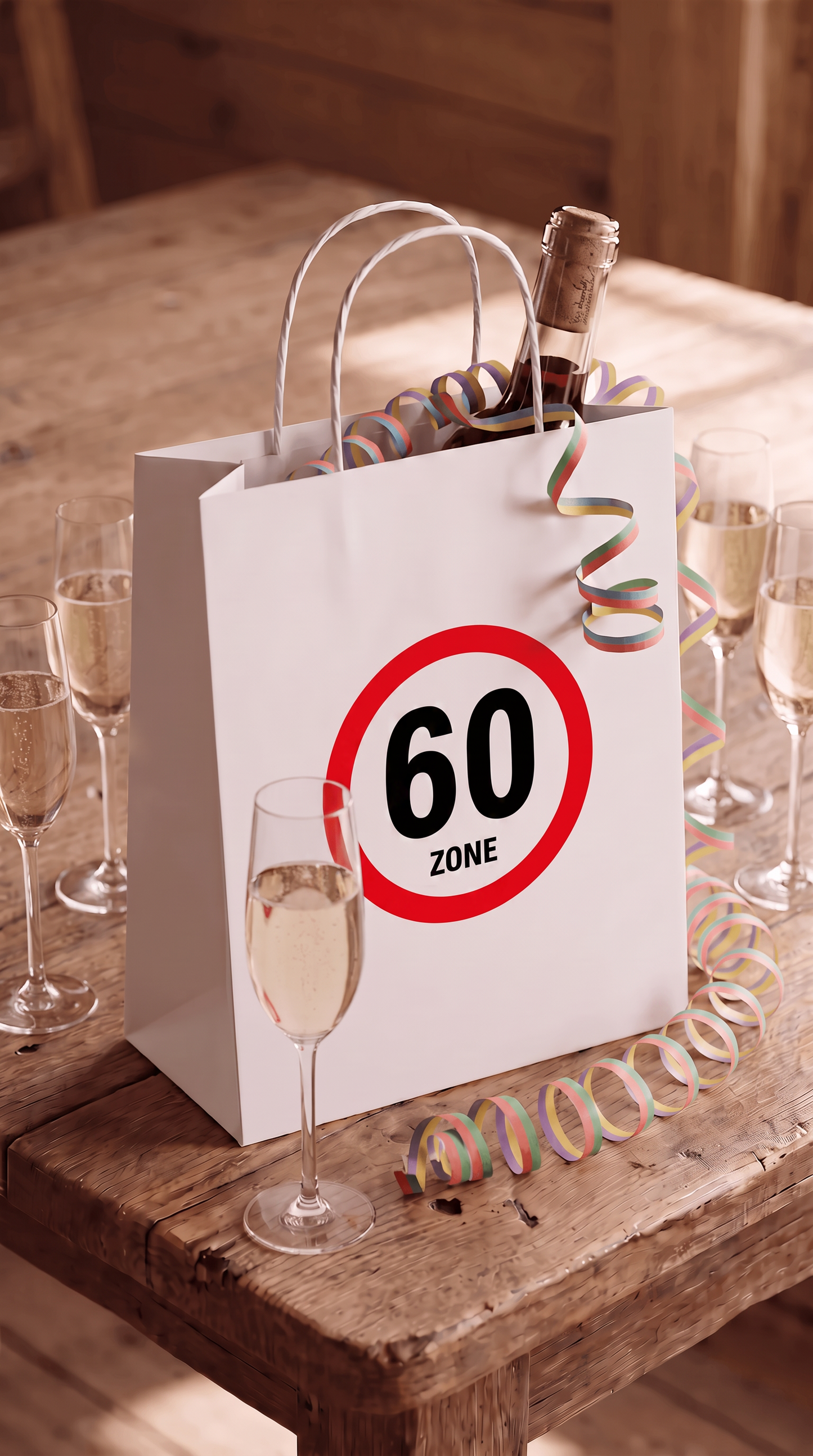 Geschenktüte „Zone 60“ – Lustige Geschenkverpackung zum 60. Geburtstag