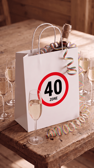Geschenktüte „Zone 40“ – Lustige Geschenkverpackung zum 40. Geburtstag