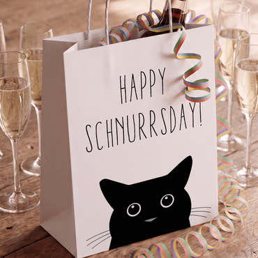 Geschenktüte „Happy Schnurrsday“ – Lustige Geschenktasche mit Katze zum Geburtstag
