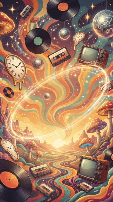 Geschenkpapier 70er Jahre Psychedelic Retro | Premium DIN A2 Bögen – Vinyl, Disco & Kassetten Motiv