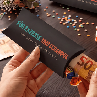 Geldgeschenk Verpackung Geburtstag – Für Exzesse & Schampus | Hier ist Cash