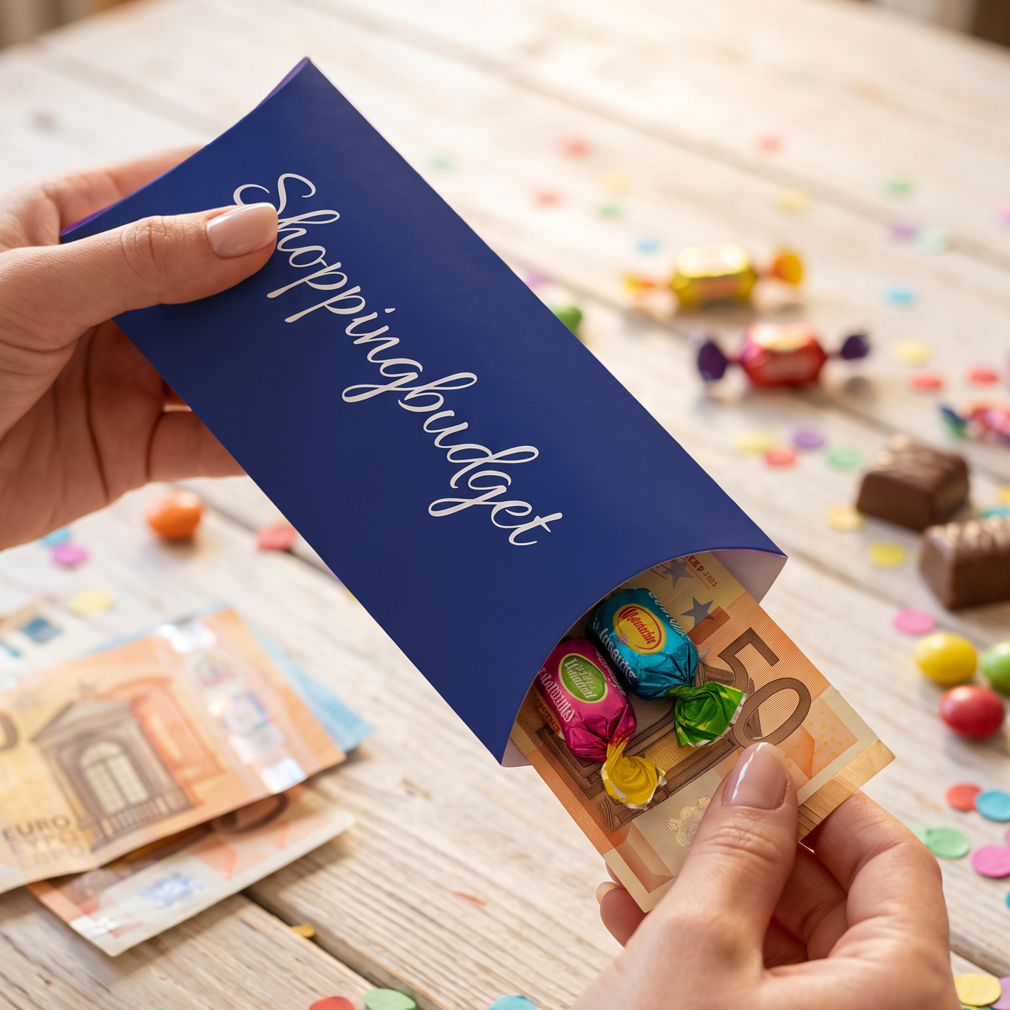Geldgeschenk Verpackung – Shoppingbudget | Lustiges Geldgeschenk in Dunkelblau