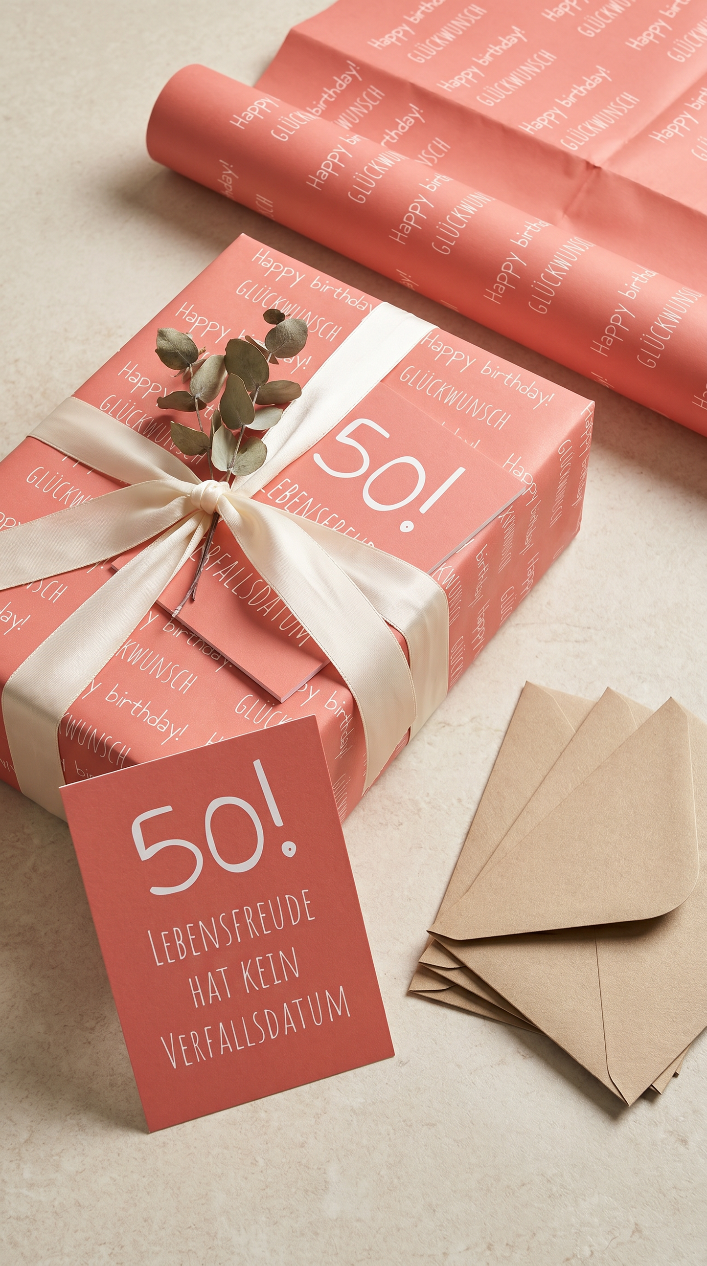 Lustiges Geschenkpapier Set 5 Bögen Lebensfreude Motiv zum Geburtstag, witzige Geschenkverpackung Runder Geburtstag, DIN A2 Bogen