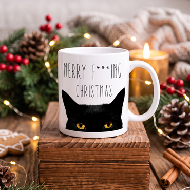 Keramik Tasse Weihnachten „Merry Fuckin Christmas“ – Freche Weihnachtstasse mit Katze