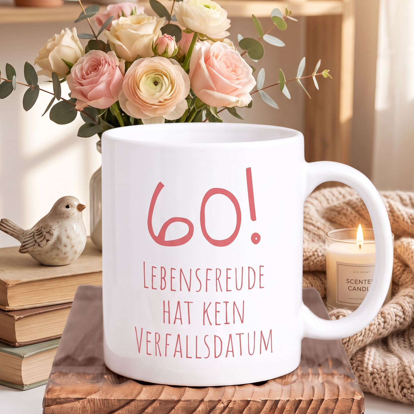 Keramik Geburtstagstasse zum 60. Geburtstag „Lebensfreude hat kein Verfallsdatum“