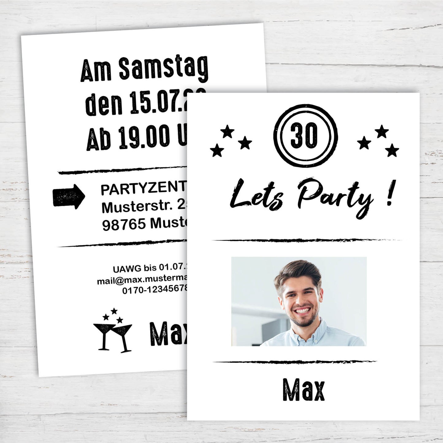 Einladung 30 Geburtstag – Originelle Einladungskarte Weiß mit Foto & persönlichem Text