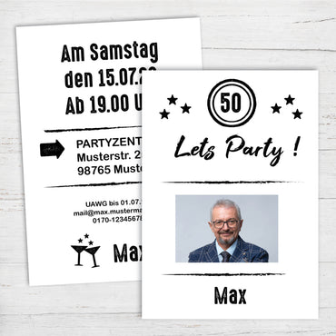 Einladung zum 50. Geburtstag: Let´s Party - mit Foto weiß