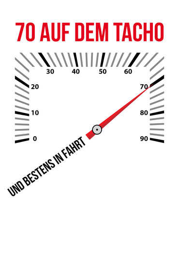Glückwunsch Postkarte zum 70. Geburtstag – 70 auf dem Tacho… und bestens in Fahrt