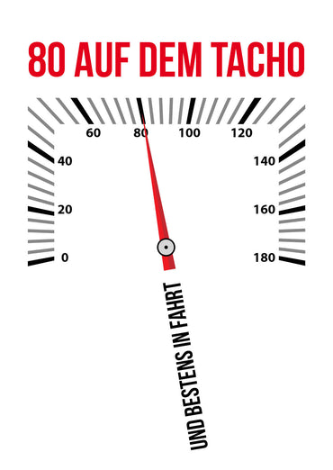 Glückwunsch Postkarte zum 80. Geburtstag – 80 auf dem Tacho… und bestens in Fahrt