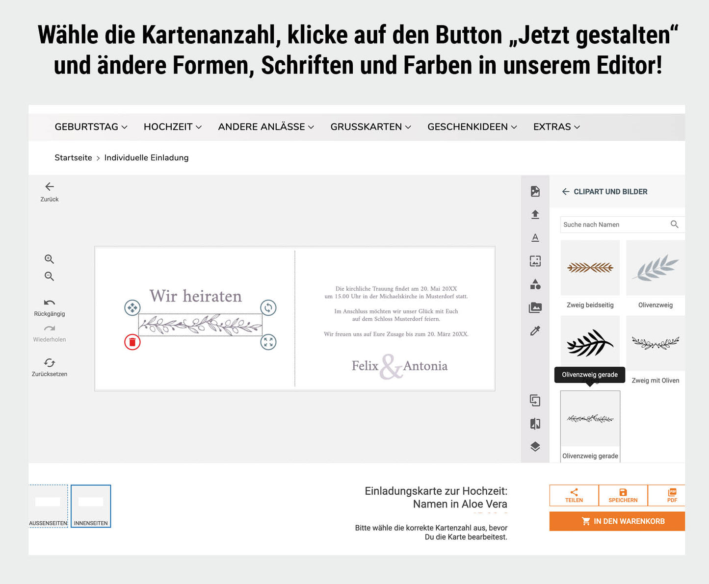 Einladungskarte zur Hochzeit: Namen in Aloe Vera - Klappkarte