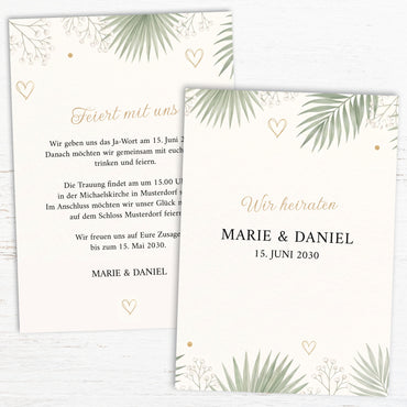 Einladung Hochzeit Botanical – Karte Eukalyptus, Palmwedel & Gold | Greenery Stil