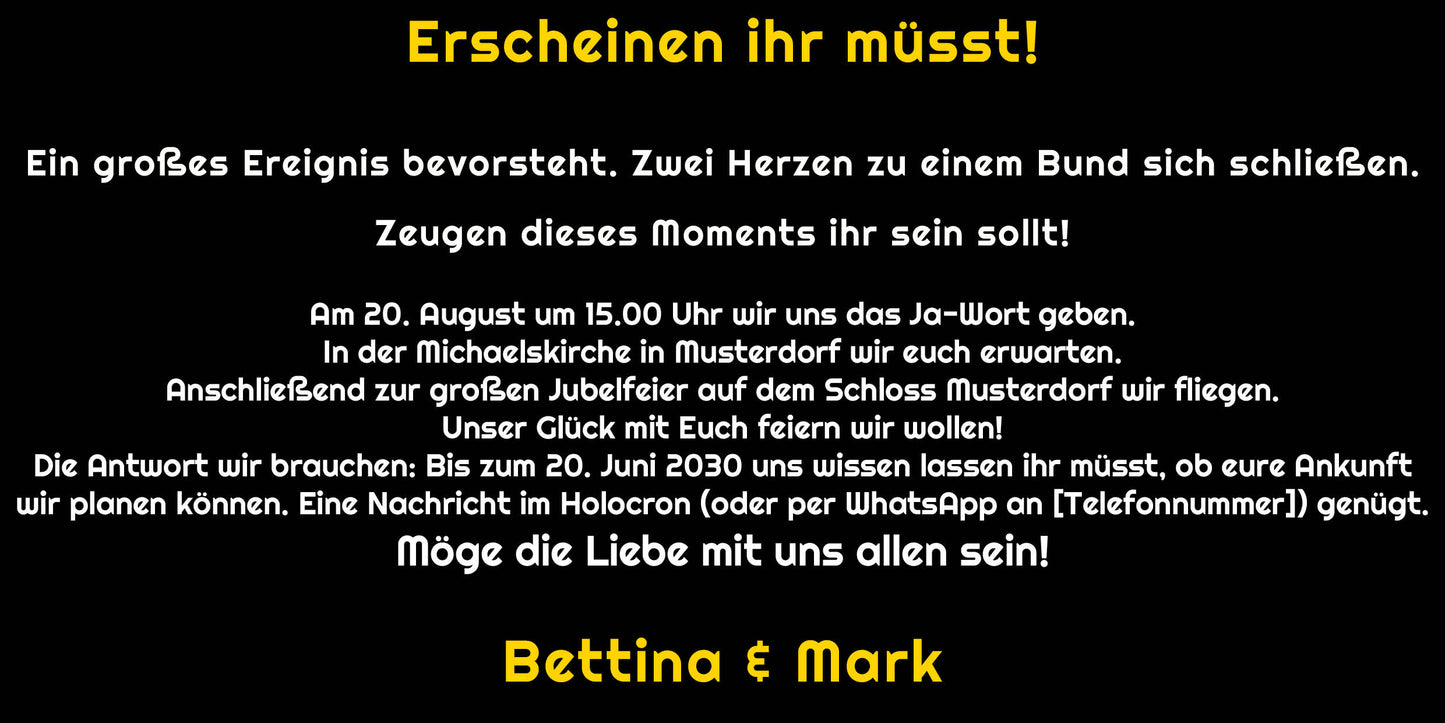 Hochzeitseinladung DAS WARS – EPISODE WIR | Kultiges Design im Sternenkrieg Stil | Gelb auf Schwarz - Individuelle Einladung