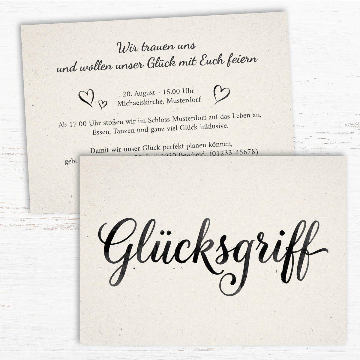 Minimalistische Hochzeitseinladung „GLÜCKSGRIFF“ | Edles Typografie-Design - Individuelle Einladung