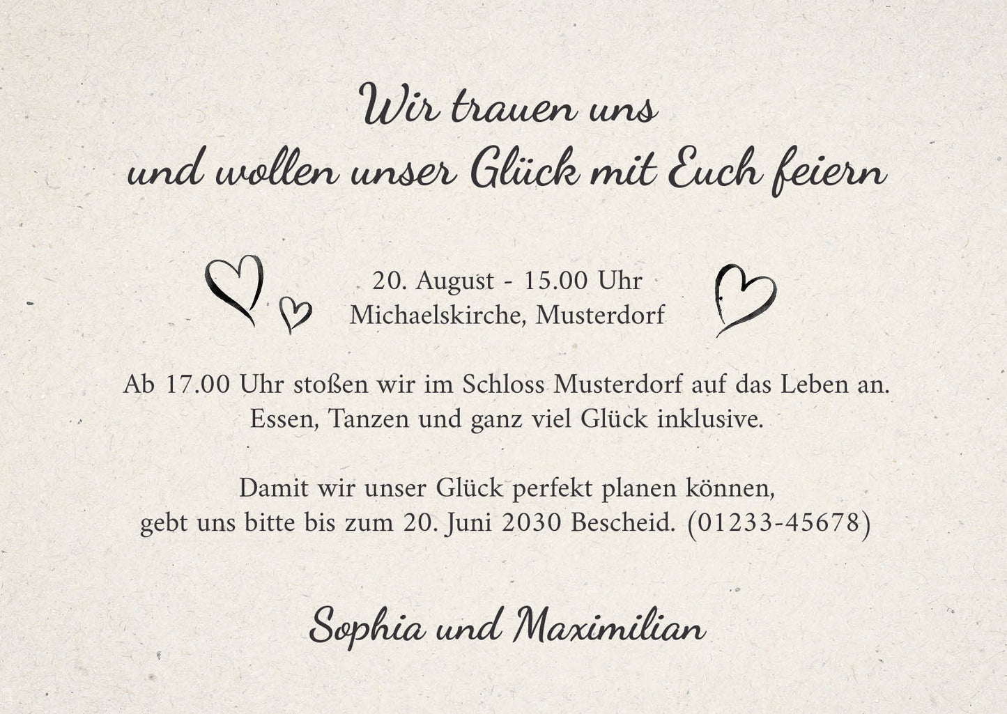 Verspielte Hochzeitseinladung „GLÜCKSGRIFF“ | Edles Typografie-Design mit Herzen - Individuelle Einladung