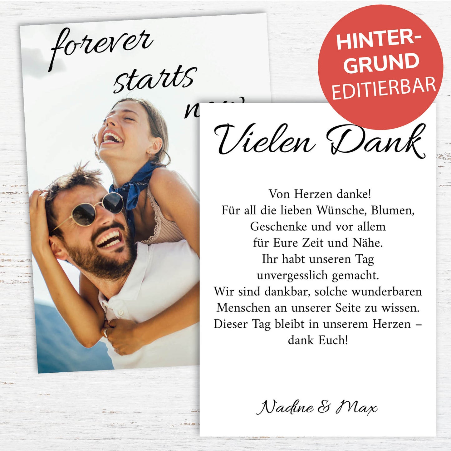 Danksagungskarten Hochzeit – Personalisierte Dankeskarten mit Foto & Spruch forever starts now