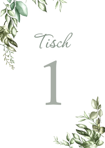 Tischkarten Hochzeit „Greenery“ – Tischnummern passend zum Sitzplan