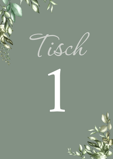 Tischkarten Hochzeit „Greenery Oliv“ – Tischnummern passend zum Sitzplan