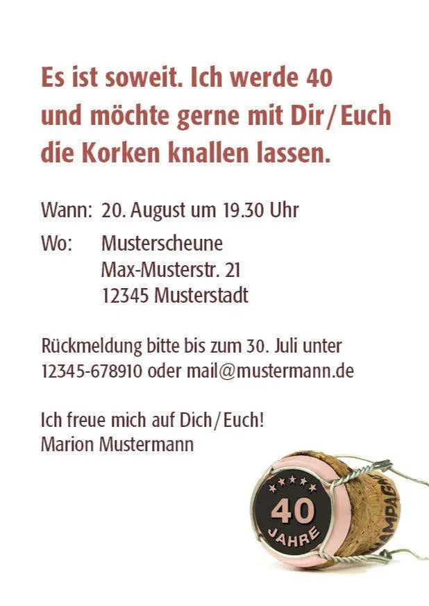 Einladung zum 40. Geburtstag: Bild von Champagner Korken Individuelle Einladung 2