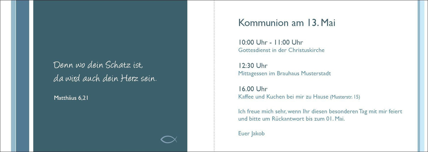 Einladung zur Kommunion: Streifenmuster petrol Individuelle Einladung