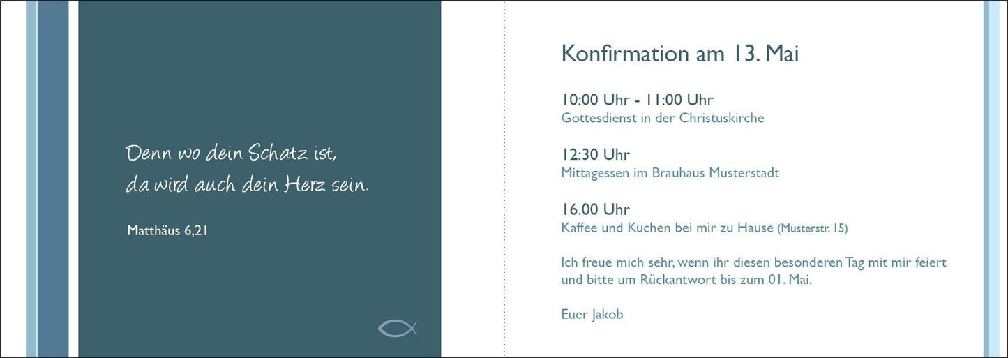 Einladung zur Konfirmation: Streifenmuster petrol Individuelle Einladung