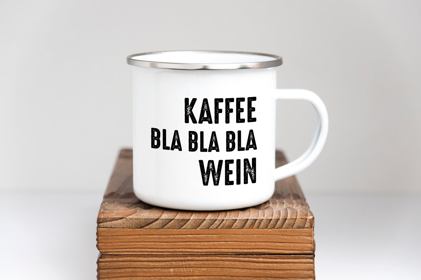 Emaille Tasse "Kaffee bla bla bla Wein" - Individuelle Einladung