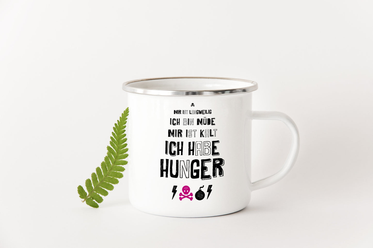 Emaille Tasse "Langweilig Hunger Müde" - Individuelle Einladung