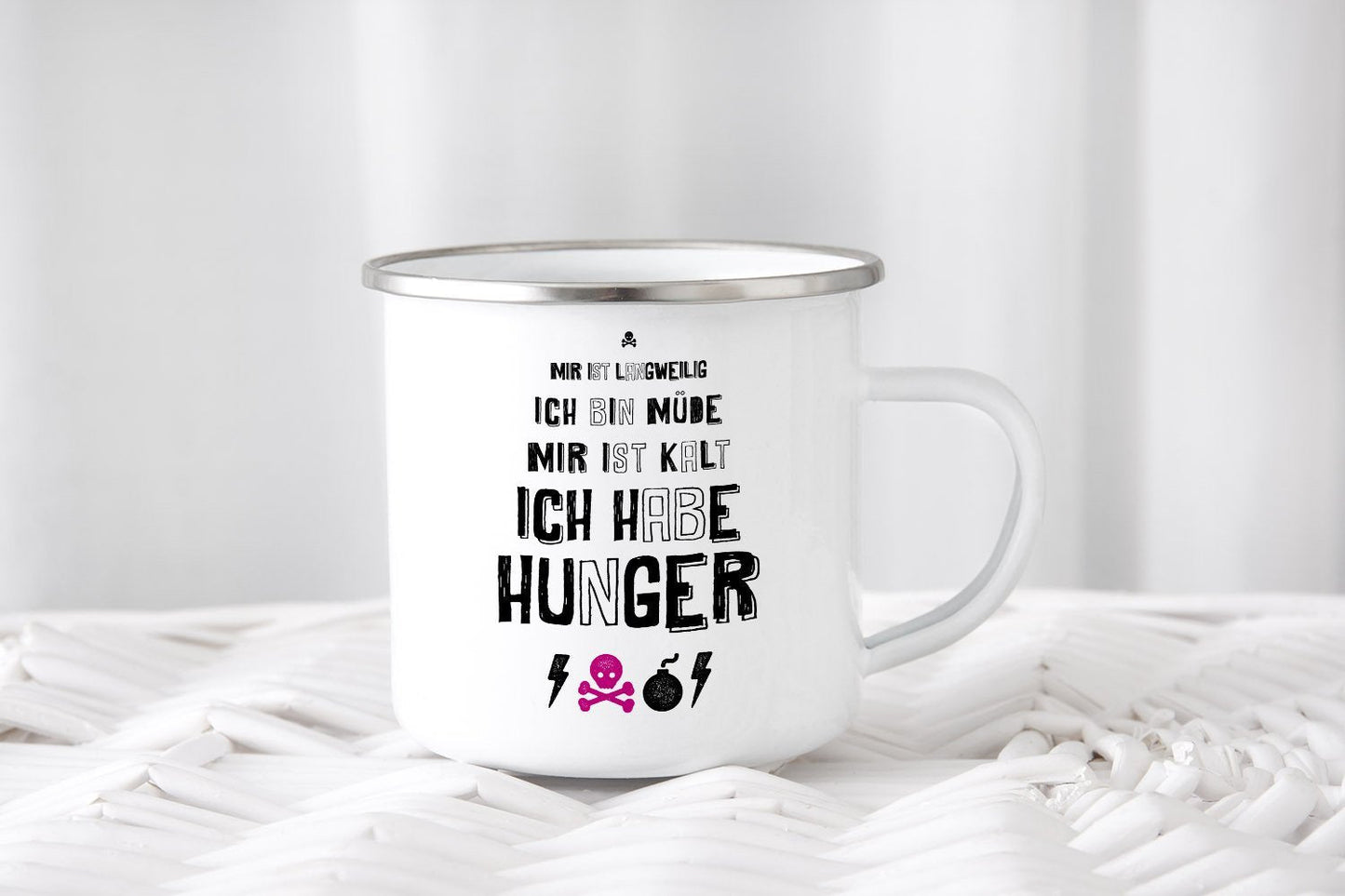 Emaille Tasse "Langweilig Hunger Müde" - Individuelle Einladung