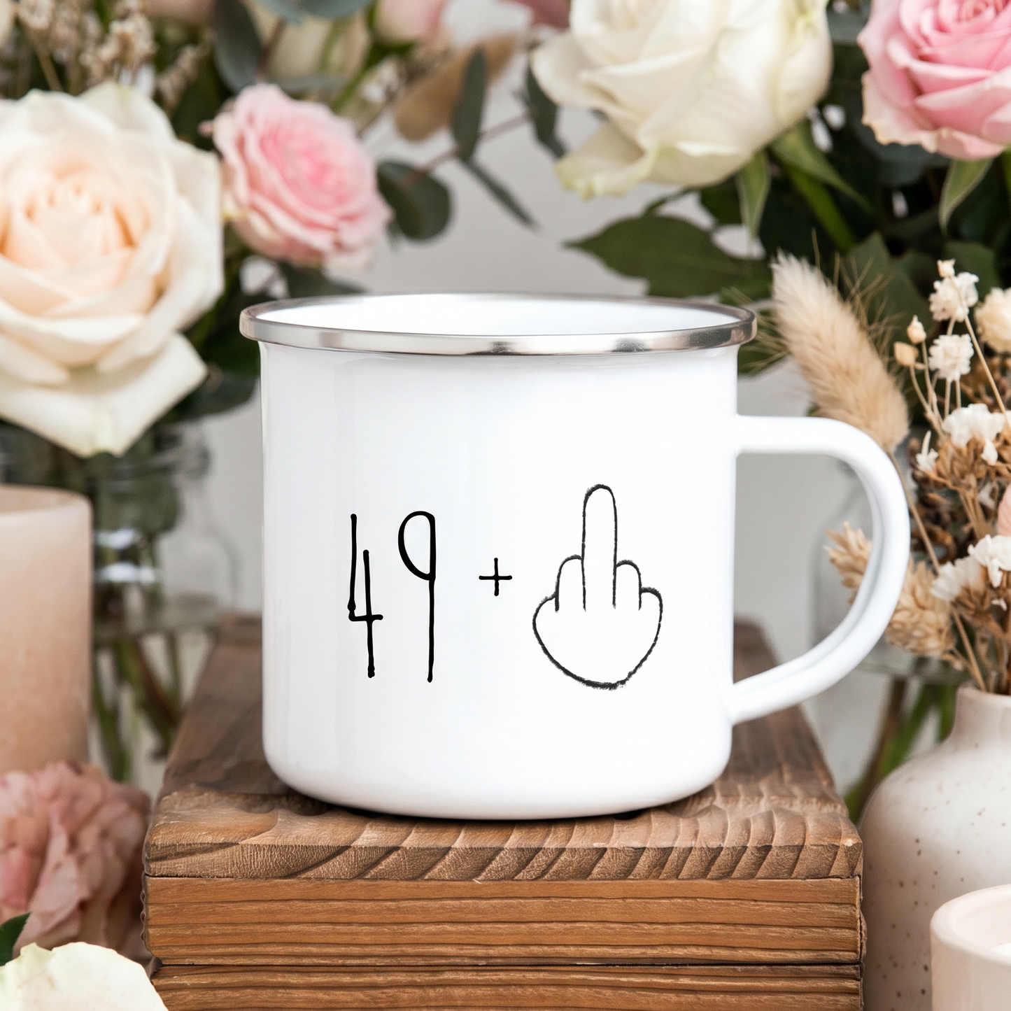 Lustige Emaille Tasse 50 Geburtstag Mittelfinger, Witziges Geschenk 50er Spruch, Personalisierte Retro Kaffeetasse 49+ Becher Büro