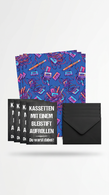 Retro Geschenkpapier 5er Set Kassette Mixtape, Geschenkverpackung DIN A2, Geburtstags Karte  inkl. Umschlägen