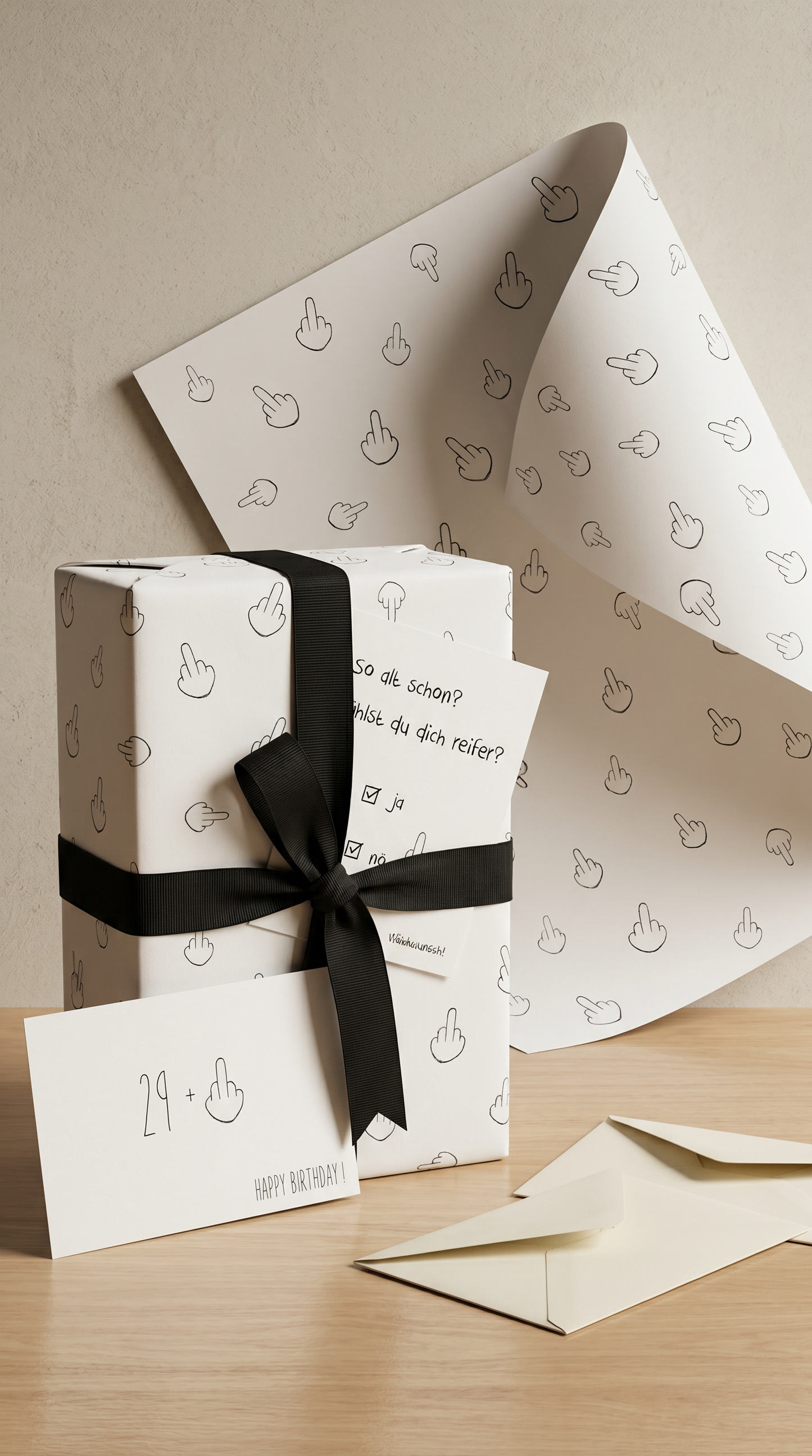 Lustiges Geschenkpapier Set 5 Bögen Mittelfinger Motiv zum Geburtstag, witzige Geschenkverpackung runder Geburtstag,  DIN A2 Bogen