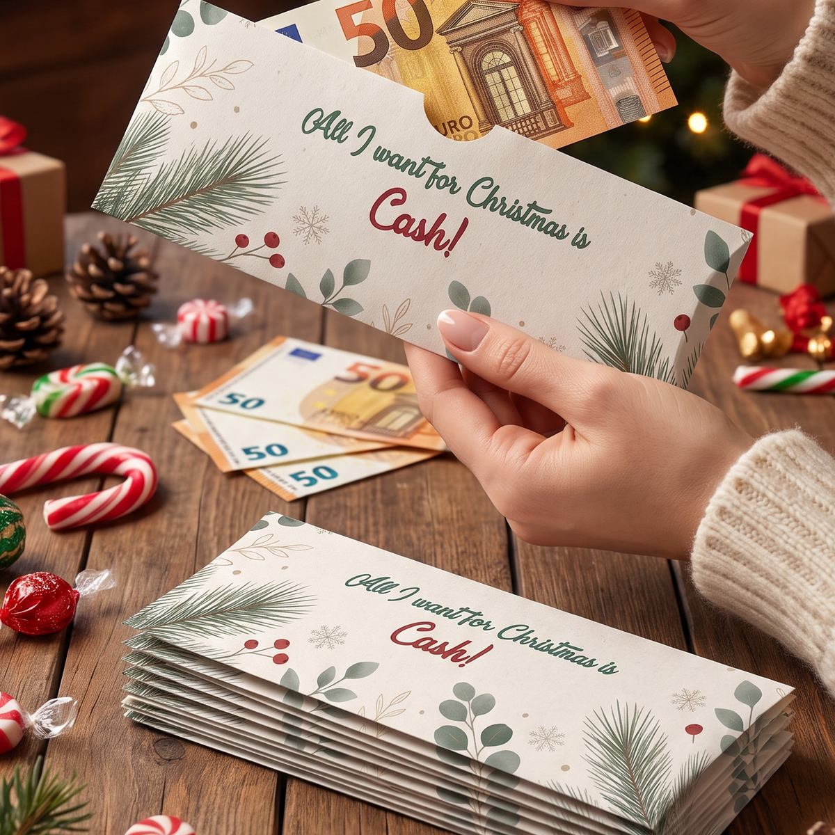 Geldgeschenk Verpackung Weihnachten – All I Want for Christmas Is Cash | Beige