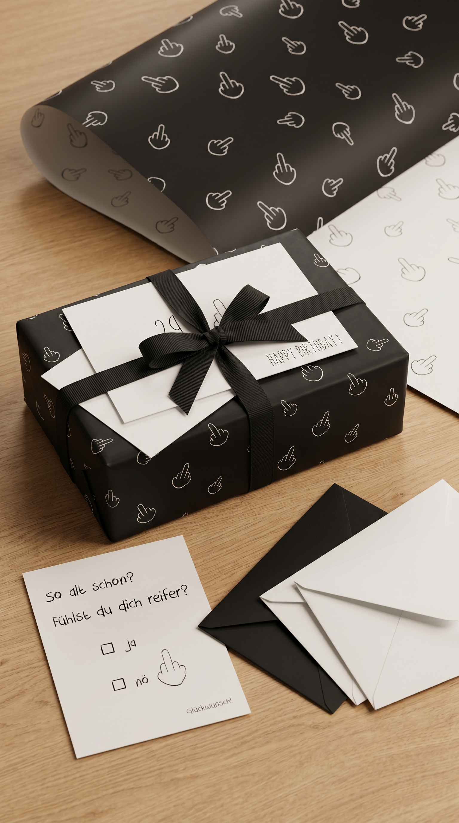 Lustiges Geschenkpapier 3er Set Mittelfinger, Geburtstag Geschenkpapier, Grußkarten mit Umschlägen - Individuelle Einladung