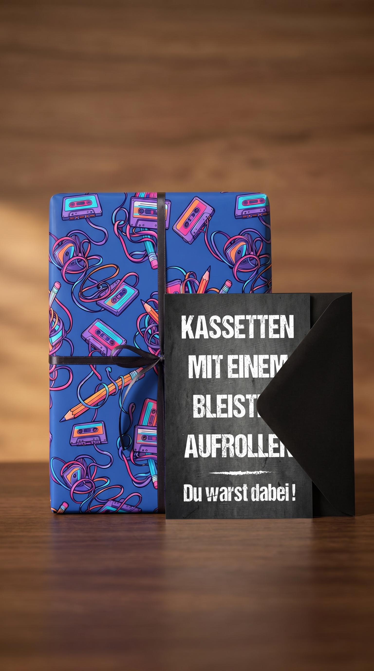 Retro Geschenkpapier 5er Set Kassette Mixtape, Geschenkverpackung DIN A2, Geburtstags Karte  inkl. Umschlägen - Individuelle Einladung