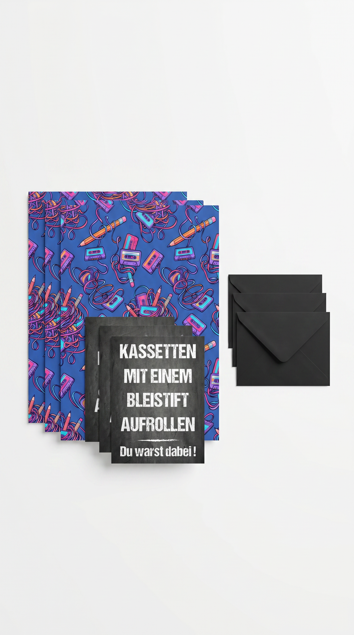 Lustiges Geschenkpapier 3er Set Kassetten aufrollen, Geschenkverpackung DIN A2, Geburtstag  inkl. Umschlägen - Individuelle Einladung