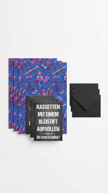 Lustiges Geschenkpapier 3er Set Kassetten aufrollen, Geschenkverpackung DIN A2, Geburtstag  inkl. Umschlägen