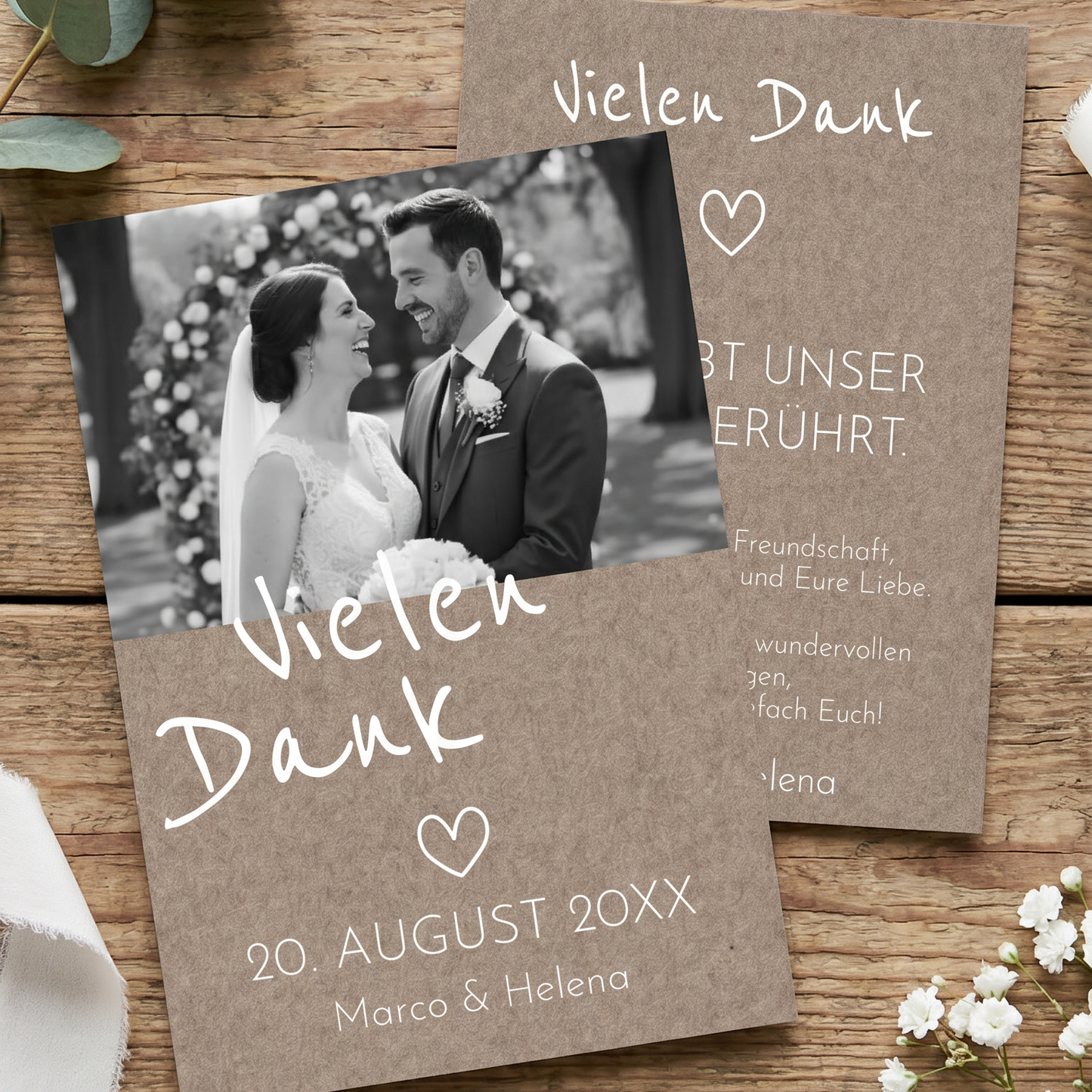 Danksagungskarten Hochzeit – Rustikale Dankeskarten mit Foto & verspielter Eleganz - Individuelle Einladung